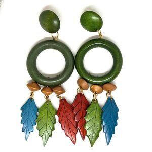 Colorful Boho Green Blue Wood Hoop Earrings with Leaf Charms